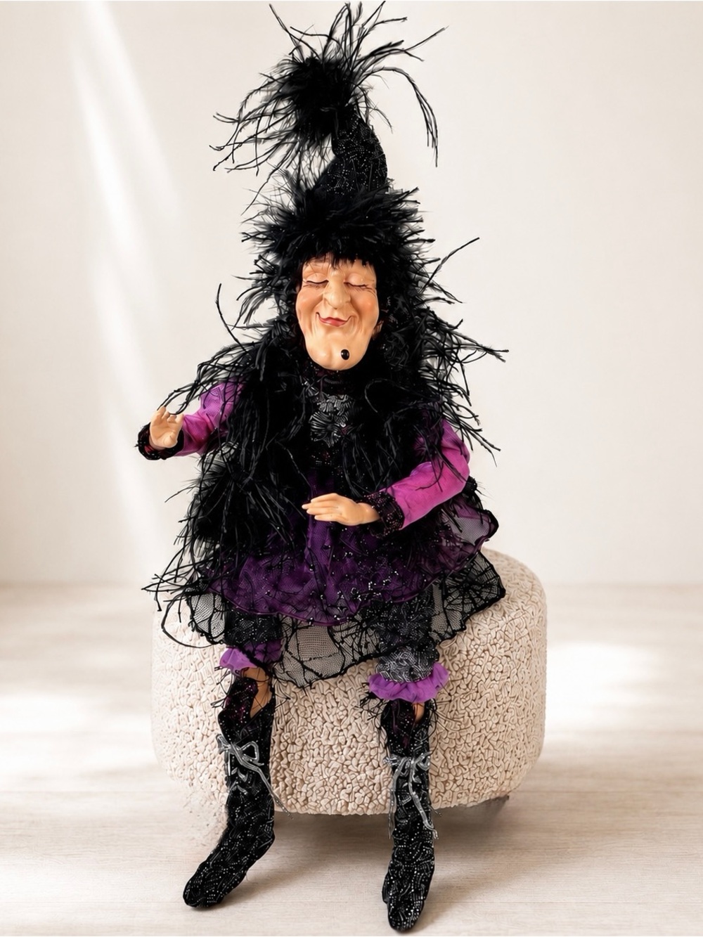 Whimsical Halloween Witch Doll 29” Poseable Purple Black Shelf Sitter